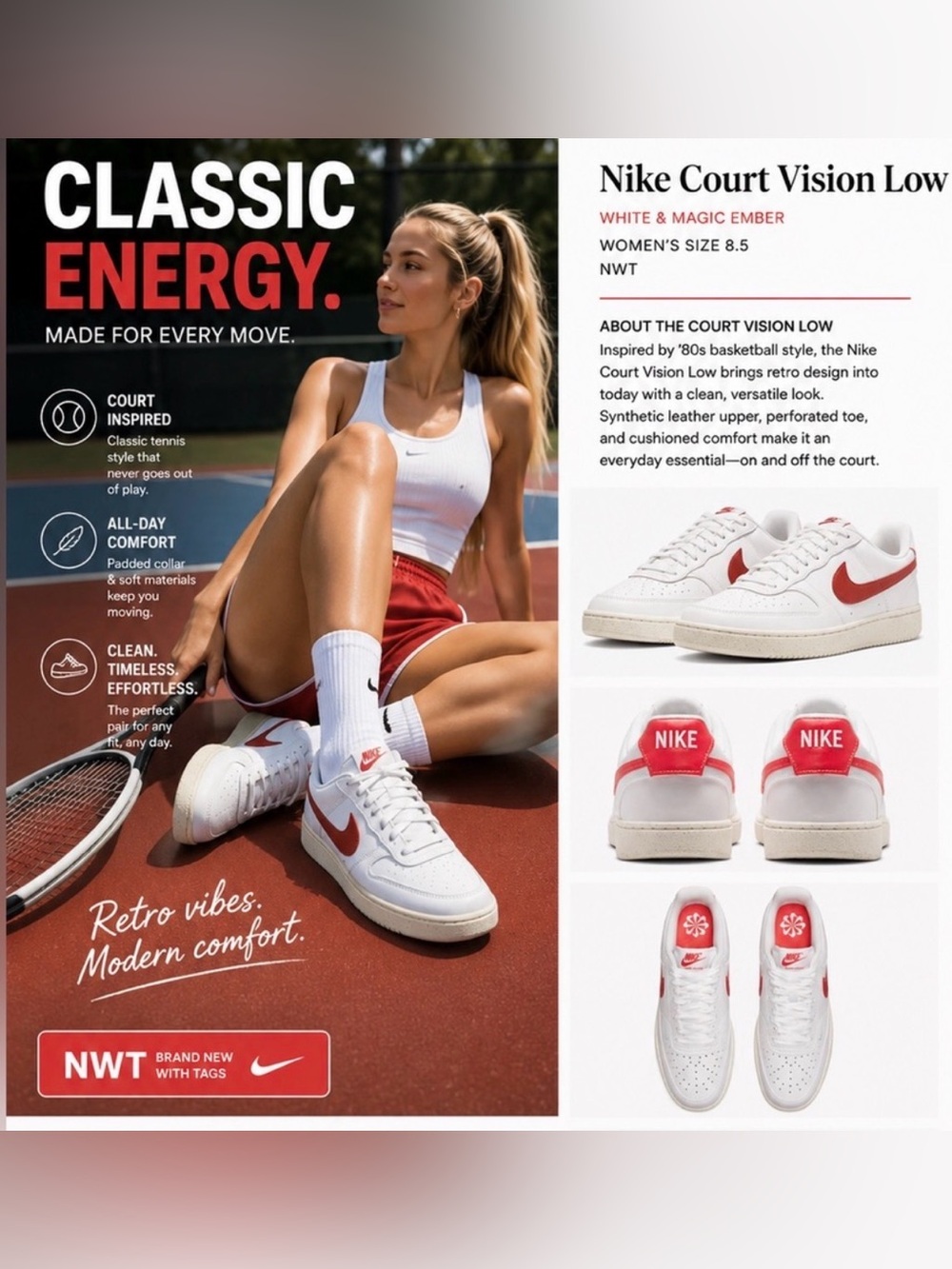 Nike Sneakers NWT Court Vision Low
Women white and magic ember size 8.5 women’s